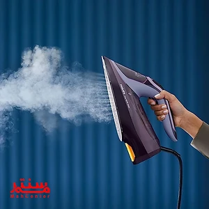 تصویری از اتوی بخار فیلیپس مدل Azur 8000 Series در حال خروج بخار با پس‌زمینه آبی.